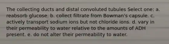 The collecting ducts and distal convoluted tubules Select one: a. reabsorb glucose. b. collect filtrate from Bowman's capsule. c. actively transport sodium ions but not chloride ions. d. vary in their permeability to water relative to the amounts of ADH present. e. do not alter their permeability to water.