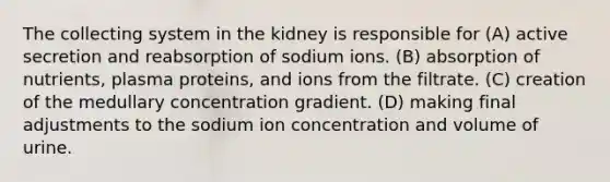 The collecting system in the kidney is responsible for (A) active secretion and reabsorption of sodium ions. (B) absorption of nutrients, plasma proteins, and ions from the filtrate. (C) creation of the medullary concentration gradient. (D) making final adjustments to the sodium ion concentration and volume of urine.