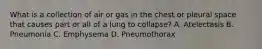 What is a collection of air or gas in the chest or pleural space that causes part or all of a lung to collapse? A. Atelectasis B. Pneumonia C. Emphysema D. Pneumothorax