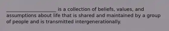 _____________________ is a collection of beliefs, values, and assumptions about life that is shared and maintained by a group of people and is transmitted intergenerationally.