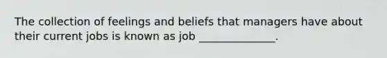 The collection of feelings and beliefs that managers have about their current jobs is known as job ______________.