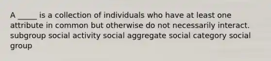 A _____ is a collection of individuals who have at least one attribute in common but otherwise do not necessarily interact. subgroup social activity social aggregate social category social group