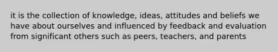 it is the collection of knowledge, ideas, attitudes and beliefs we have about ourselves and influenced by feedback and evaluation from significant others such as peers, teachers, and parents