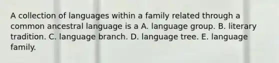 A collection of languages within a family related through a common ancestral language is a A. language group. B. literary tradition. C. language branch. D. language tree. E. language family.