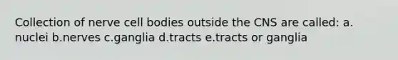 Collection of nerve cell bodies outside the CNS are called: a. nuclei b.nerves c.ganglia d.tracts e.tracts or ganglia