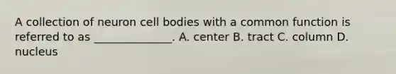 A collection of neuron cell bodies with a common function is referred to as ______________. A. center B. tract C. column D. nucleus