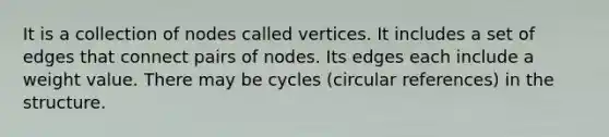 It is a collection of nodes called vertices. It includes a set of edges that connect pairs of nodes. Its edges each include a weight value. There may be cycles (circular references) in the structure.