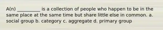 A(n) __________ is a collection of people who happen to be in the same place at the same time but share little else in common. a. social group b. category c. aggregate d. primary group