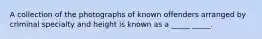 A collection of the photographs of known offenders arranged by criminal specialty and height is known as a _____ _____.