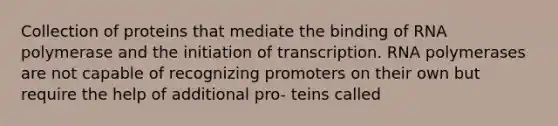 Collection of proteins that mediate the binding of RNA polymerase and the initiation of transcription. RNA polymerases are not capable of recognizing promoters on their own but require the help of additional pro- teins called