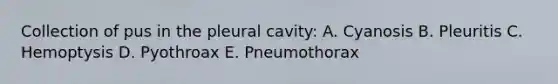 Collection of pus in the pleural cavity: A. Cyanosis B. Pleuritis C. Hemoptysis D. Pyothroax E. Pneumothorax