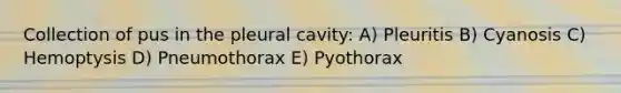 Collection of pus in the pleural cavity: A) Pleuritis B) Cyanosis C) Hemoptysis D) Pneumothorax E) Pyothorax