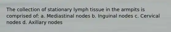 The collection of stationary lymph tissue in the armpits is comprised of: a. Mediastinal nodes b. Inguinal nodes c. Cervical nodes d. Axillary nodes