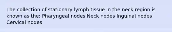 The collection of stationary lymph tissue in the neck region is known as the: Pharyngeal nodes Neck nodes Inguinal nodes Cervical nodes