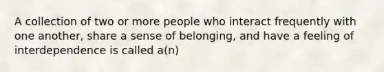 A collection of two or more people who interact frequently with one another, share a sense of belonging, and have a feeling of interdependence is called a(n)