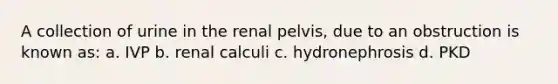 A collection of urine in the renal pelvis, due to an obstruction is known as: a. IVP b. renal calculi c. hydronephrosis d. PKD