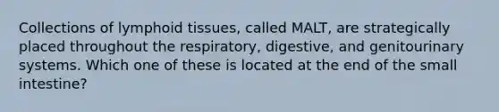 Collections of lymphoid tissues, called MALT, are strategically placed throughout the respiratory, digestive, and genitourinary systems. Which one of these is located at the end of <a href='https://www.questionai.com/knowledge/kt623fh5xn-the-small-intestine' class='anchor-knowledge'>the small intestine</a>?