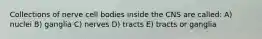 Collections of nerve cell bodies inside the CNS are called: A) nuclei B) ganglia C) nerves D) tracts E) tracts or ganglia