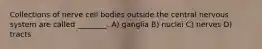 Collections of nerve cell bodies outside the central nervous system are called ________. A) ganglia B) nuclei C) nerves D) tracts