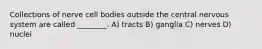 Collections of nerve cell bodies outside the central nervous system are called ________. A) tracts B) ganglia C) nerves D) nuclei