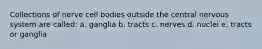 Collections of nerve cell bodies outside the central nervous system are called: a. ganglia b. tracts c. nerves d. nuclei e. tracts or ganglia