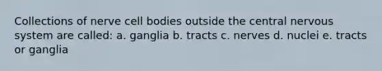 Collections of nerve cell bodies outside the central nervous system are called: a. ganglia b. tracts c. nerves d. nuclei e. tracts or ganglia