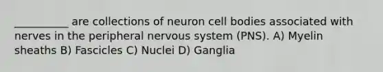 __________ are collections of neuron cell bodies associated with nerves in the peripheral nervous system (PNS). A) Myelin sheaths B) Fascicles C) Nuclei D) Ganglia