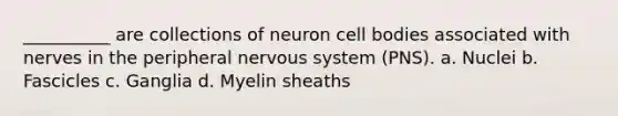 __________ are collections of neuron cell bodies associated with nerves in the peripheral <a href='https://www.questionai.com/knowledge/kThdVqrsqy-nervous-system' class='anchor-knowledge'>nervous system</a> (PNS). a. Nuclei b. Fascicles c. Ganglia d. Myelin sheaths