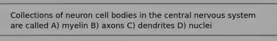 Collections of neuron cell bodies in the central nervous system are called A) myelin B) axons C) dendrites D) nuclei