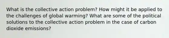 What is the collective action problem? How might it be applied to the challenges of global warming? What are some of the political solutions to the collective action problem in the case of carbon dioxide emissions?