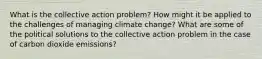 What is the collective action problem? How might it be applied to the challenges of managing climate change? What are some of the political solutions to the collective action problem in the case of carbon dioxide emissions?