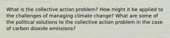 What is the collective action problem? How might it be applied to the challenges of managing climate change? What are some of the political solutions to the collective action problem in the case of carbon dioxide emissions?