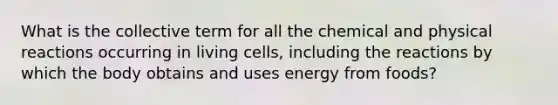 What is the collective term for all the chemical and physical reactions occurring in living cells, including the reactions by which the body obtains and uses energy from foods?