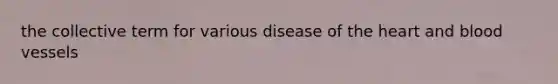 the collective term for various disease of <a href='https://www.questionai.com/knowledge/kya8ocqc6o-the-heart' class='anchor-knowledge'>the heart</a> and <a href='https://www.questionai.com/knowledge/kZJ3mNKN7P-blood-vessels' class='anchor-knowledge'>blood vessels</a>