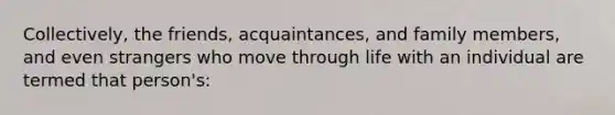 Collectively, the friends, acquaintances, and family members, and even strangers who move through life with an individual are termed that person's: