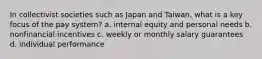 In collectivist societies such as Japan and Taiwan, what is a key focus of the pay system? a. internal equity and personal needs b. nonfinancial incentives c. weekly or monthly salary guarantees d. individual performance