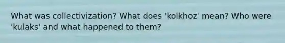 What was collectivization? What does 'kolkhoz' mean? Who were 'kulaks' and what happened to them?