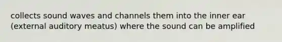 collects sound waves and channels them into the inner ear (external auditory meatus) where the sound can be amplified