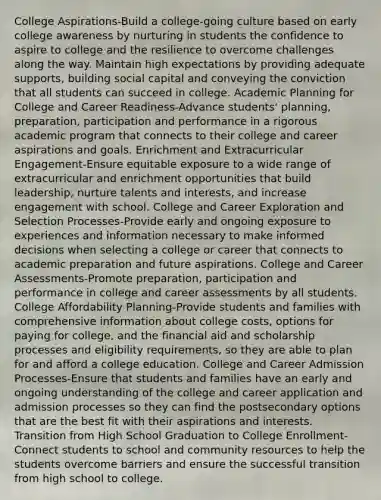 College Aspirations-Build a college-going culture based on early college awareness by nurturing in students the confidence to aspire to college and the resilience to overcome challenges along the way. Maintain high expectations by providing adequate supports, building social capital and conveying the conviction that all students can succeed in college. Academic Planning for College and Career Readiness-Advance students' planning, preparation, participation and performance in a rigorous academic program that connects to their college and career aspirations and goals. Enrichment and Extracurricular Engagement-Ensure equitable exposure to a wide range of extracurricular and enrichment opportunities that build leadership, nurture talents and interests, and increase engagement with school. College and Career Exploration and Selection Processes-Provide early and ongoing exposure to experiences and information necessary to make informed decisions when selecting a college or career that connects to academic preparation and future aspirations. College and Career Assessments-Promote preparation, participation and performance in college and career assessments by all students. College Affordability Planning-Provide students and families with comprehensive information about college costs, options for paying for college, and the financial aid and scholarship processes and eligibility requirements, so they are able to plan for and afford a college education. College and Career Admission Processes-Ensure that students and families have an early and ongoing understanding of the college and career application and admission processes so they can find the postsecondary options that are the best fit with their aspirations and interests. Transition from High School Graduation to College Enrollment-Connect students to school and community resources to help the students overcome barriers and ensure the successful transition from high school to college.