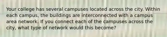 Your college has several campuses located across the city. Within each campus, the buildings are interconnected with a campus area network. If you connect each of the campuses across the city, what type of network would this become?