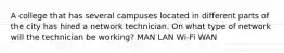 A college that has several campuses located in different parts of the city has hired a network technician. On what type of network will the technician be working? MAN LAN Wi-Fi WAN