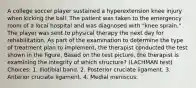 A college soccer player sustained a hyperextension knee injury when kicking the ball. The patient was taken to the emergency room of a local hospital and was diagnosed with "knee sprain." The player was sent to physical therapy the next day for rehabilitation. As part of the examination to determine the type of treatment plan to implement, the therapist conducted the test shown in the figure. Based on the test picture, the therapist is examining the integrity of which structure? (LACHMAN test) Choices: 1. Iliotibial band. 2. Posterior cruciate ligament. 3. Anterior cruciate ligament. 4. Medial meniscus.