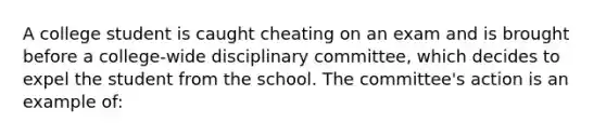 A college student is caught cheating on an exam and is brought before a college-wide disciplinary committee, which decides to expel the student from the school. The committee's action is an example of: