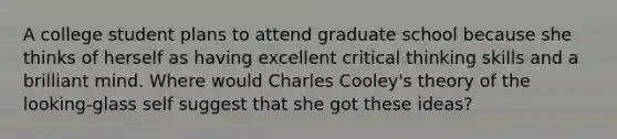 A college student plans to attend graduate school because she thinks of herself as having excellent critical thinking skills and a brilliant mind. Where would Charles Cooley's theory of the looking-glass self suggest that she got these ideas?