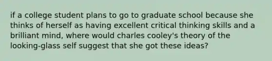 if a college student plans to go to graduate school because she thinks of herself as having excellent critical thinking skills and a brilliant mind, where would charles cooley's theory of the looking-glass self suggest that she got these ideas?