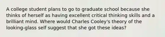 A college student plans to go to graduate school because she thinks of herself as having excellent critical thinking skills and a brilliant mind. Where would Charles Cooley's theory of the looking-glass self suggest that she got these ideas?