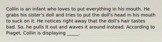 Collin is an infant who loves to put everything in his mouth. He grabs his sister's doll and tries to put the doll's head in his mouth to suck on it. He notices right away that the doll's hair tastes bad. So, he pulls it out and waves it around instead. According to Piaget, Collin is displaying _____.