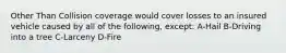 Other Than Collision coverage would cover losses to an insured vehicle caused by all of the following, except: A-Hail B-Driving into a tree C-Larceny D-Fire