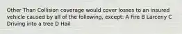 Other Than Collision coverage would cover losses to an insured vehicle caused by all of the following, except: A Fire B Larceny C Driving into a tree D Hail