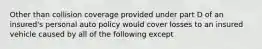 Other than collision coverage provided under part D of an insured's personal auto policy would cover losses to an insured vehicle caused by all of the following except